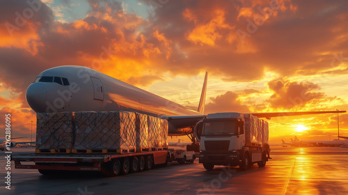 Wallpaper Mural Cargo airplane being loaded with freight at sunset, vibrant sky and industrial vehicles at the airport, logistics and transportation concept Torontodigital.ca