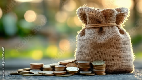 Brown burlap sack filled with coins resting on wooden surface with blurred bokeh background showcasing the concept of savings and wealth accumulation