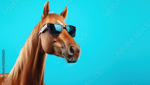 Portrait of a Brown Horse Wearing Sunglasses Against a Blue Background photo