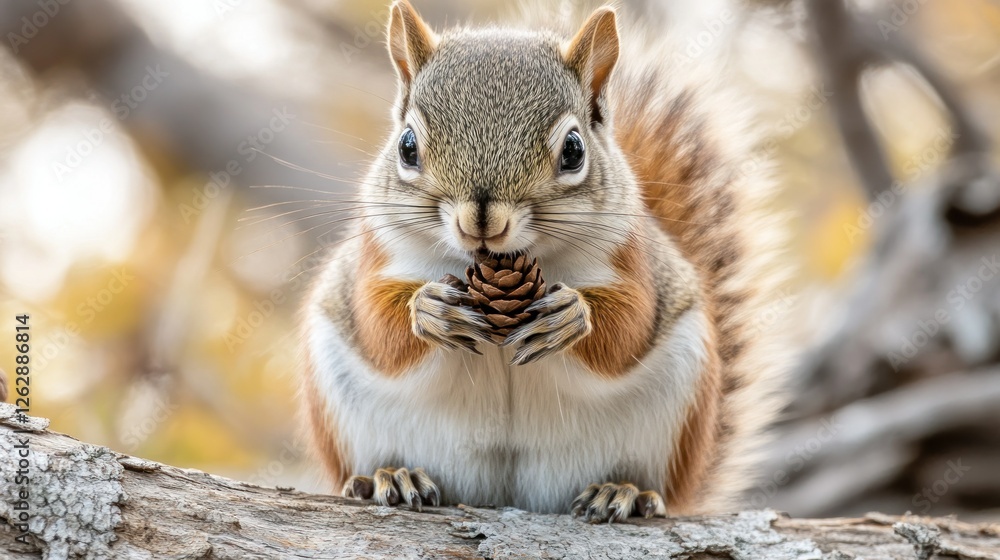Squirrel eating pine cone on branch, autumn forest Squirrel eating pine cone on branch, autumn forest