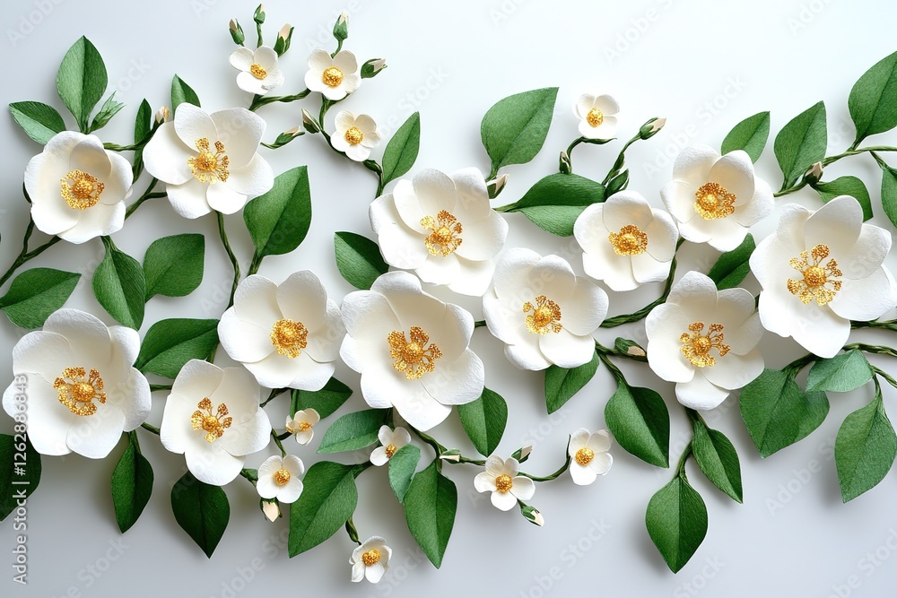 Fototapeta premium Delicate Paper Flowers Arrangement in White and Gold