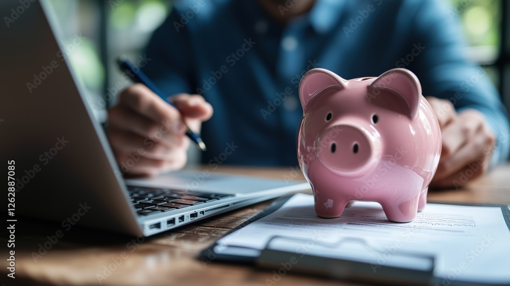 Person Working on Laptop with Pink Piggy Bank on Table Indicating Financial Planning and Saving Strategies in Modern Workspace Environment Person Working on Laptop with Pink Piggy Bank on Table Indicating Financial Planning and Saving Strategies in Modern Workspace Environment