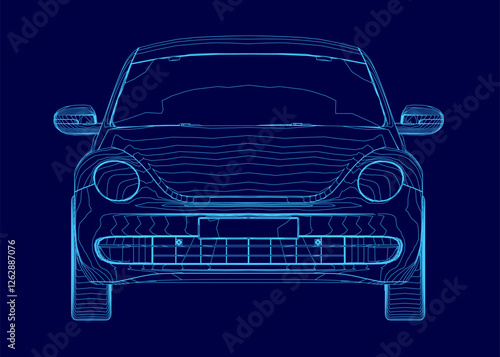 A blue car outline. The car is shown in a stylized way, with the front end of the car being the focus. The car is not in motion, and it is a futuristic design. Front view