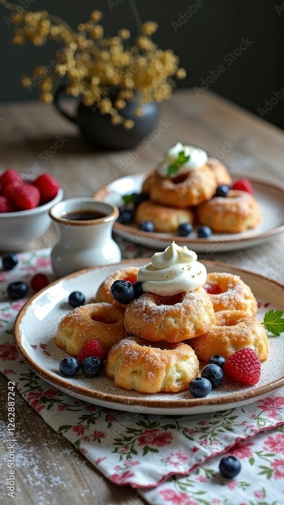 Delicious homemade doughnuts with whipped cream and fresh berries on plates Delicious homemade doughnuts with whipped cream and fresh berries on plates