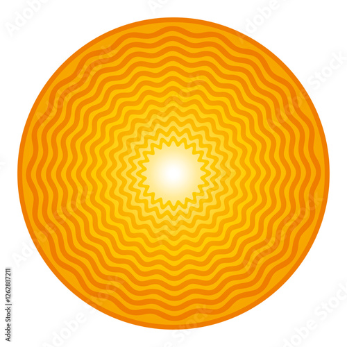 Golden sun symbol and solar disk with twelve serpentine lines. Bright, colorful and yellow-orange colored circle with bold snake-like sine waves. Isolated illustration on white background. Vector