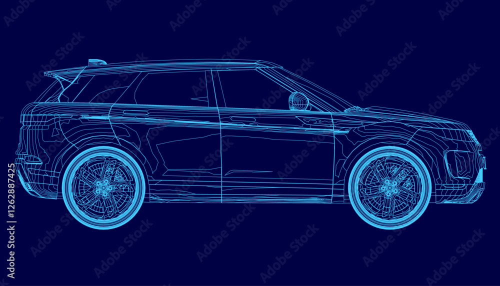 Fototapeta premium A blue car with a futuristic design. The car is shown in a blue color and has a futuristic design. Side view