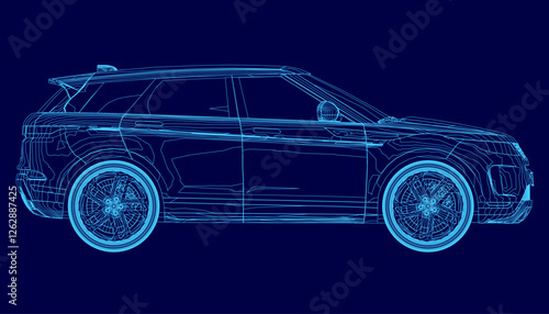 A blue car with a futuristic design. The car is shown in a blue color and has a futuristic design. Side view