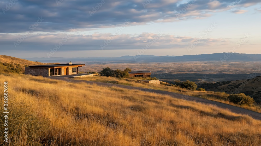 Fototapeta premium Hillside Landscape With Modern House And City View