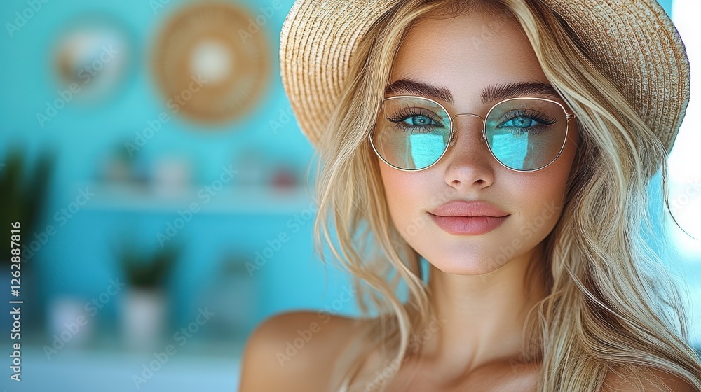 Fototapeta premium Portrait Of A Young Woman In A Hat And Sunglasses With A Light Colored Background