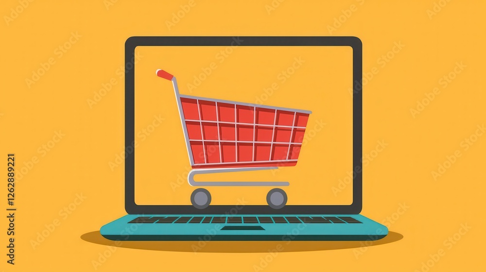 A digital shopping cart appears on a laptop screen against a yellow background, symbolizing online shopping and e-commerce. A digital shopping cart appears on a laptop screen against a yellow background, symbolizing online shopping and e-commerce.