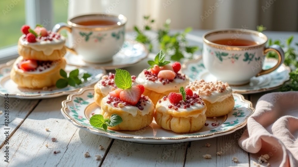 Elegant afternoon tea setting with pastries and fresh berries on sunlit table Elegant afternoon tea setting with pastries and fresh berries on sunlit table