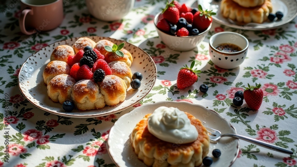 Delightful breakfast spread with fruit-topped pastries and cream on floral tablecloth Delightful breakfast spread with fruit-topped pastries and cream on floral tablecloth