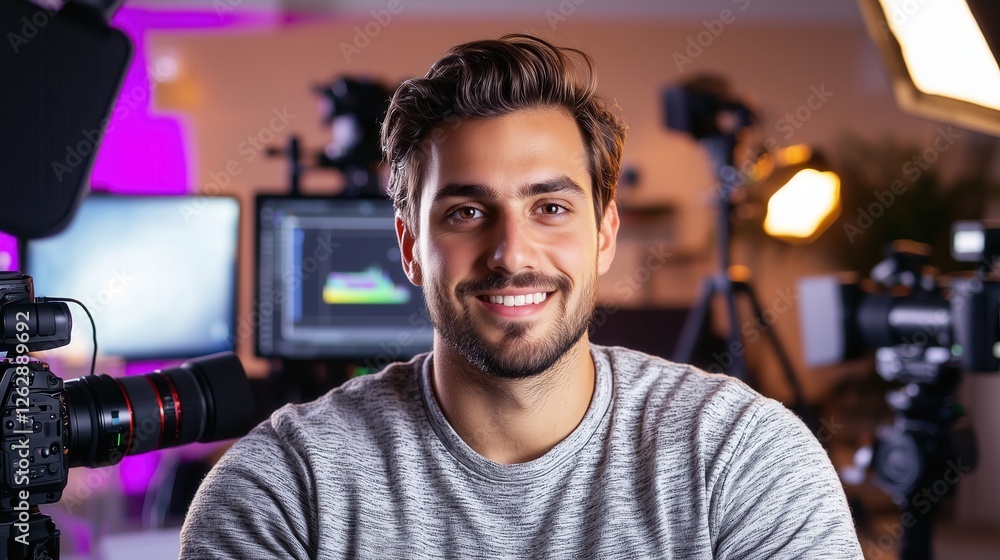 Young Man with a Smile in a Creative Studio Setting Surrounded by Cameras and Lights Engaged in a Video or Photography Project 2023 Young Man with a Smile in a Creative Studio Setting Surrounded by Cameras and Lights Engaged in a Video or Photography Project 2023