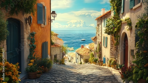 Fototapeta Naklejka Na Ścianę i Meble -  small French village by the sea, where the cobbled streets and colorful homes lead to breathtaking views of the ocean,