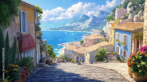 Fototapeta Naklejka Na Ścianę i Meble -  small French village by the sea, where the cobbled streets and colorful homes lead to breathtaking views of the ocean,