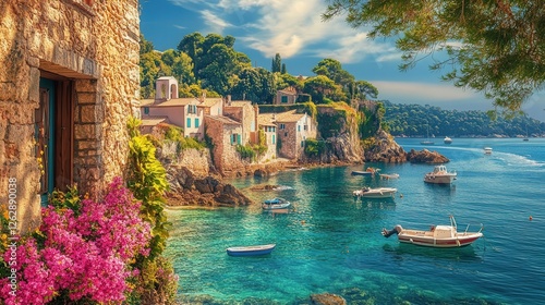 small village by the sea in France, with charming stone houses and flowering gardens overlooking the coastline,