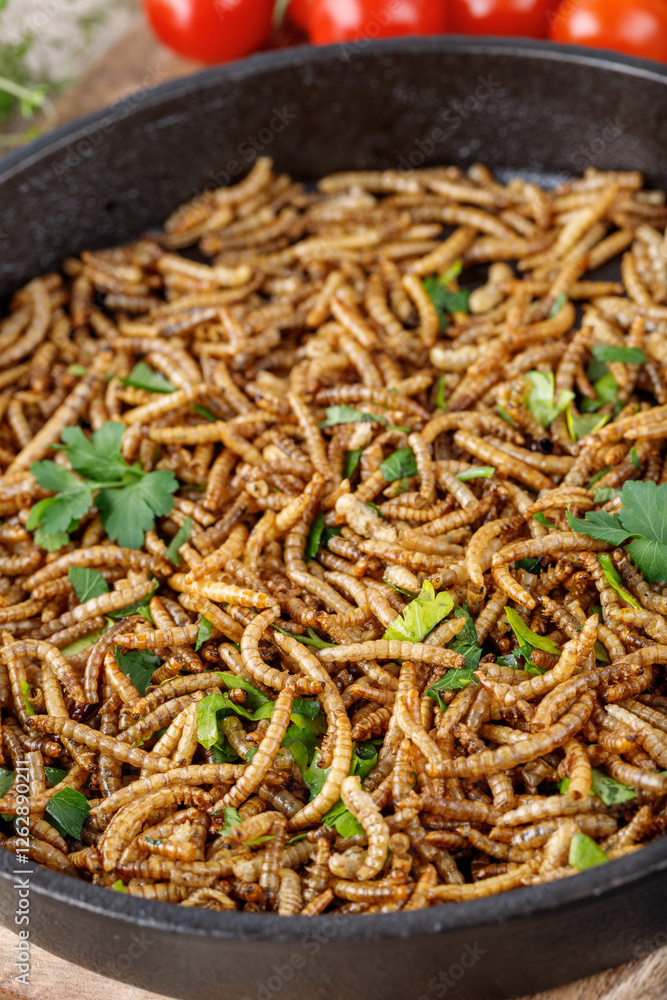 Cooked fried edible mealworms with spice and herbs in cast iron frying pan on wooden board. Meal worms as alternative protein source in eating. Cooked fried edible mealworms with spice and herbs in cast iron frying pan on wooden board. Meal worms as alternative protein source in eating.