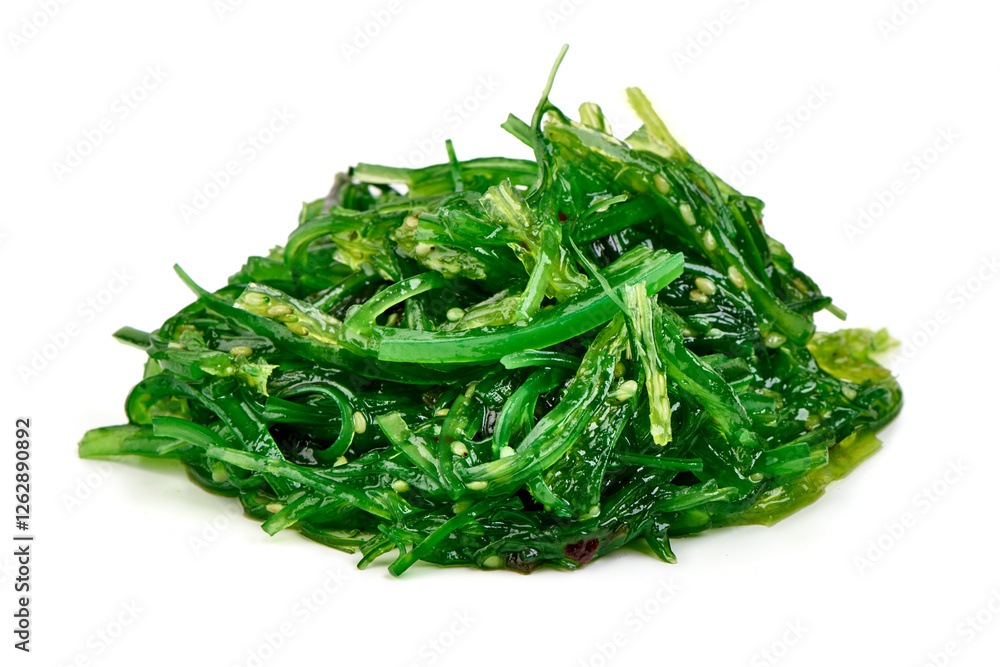 Fresh Seaweed Salad with Sesame Seeds Isolated on White Background.