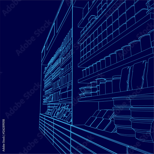 A blue image of a store with shelves full of items. The image is in blue and has a futuristic feel to it