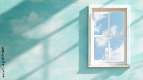 Sunny sky reflected through a window on a teal wall