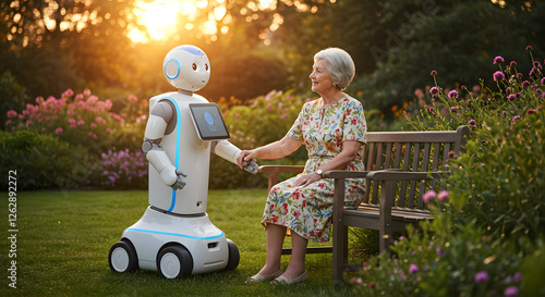 Friendly robot companion assisting elderly woman in a beautiful garden setting during golden hour sunlight ai care blue kind on transparent background