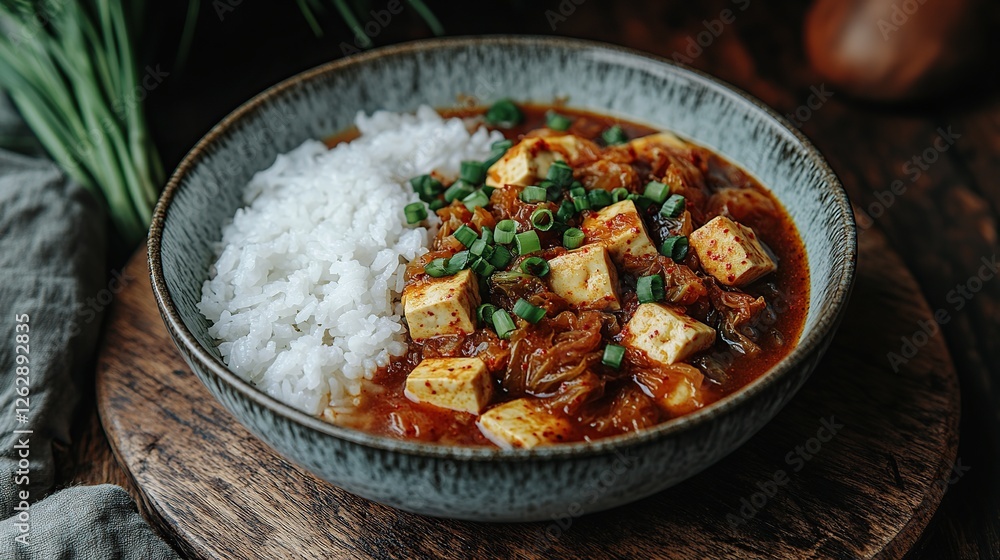 A bowl of Korean kimchi and tofu soup with a light broth, served with rice and garnished with green onions A bowl of Korean kimchi and tofu soup with a light broth, served with rice and garnished with green onions