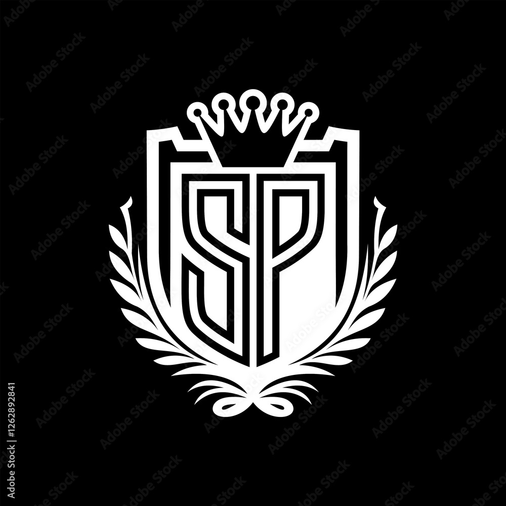 Obraz premium SP Letter logo heraldic shield shape with crown on black background template design