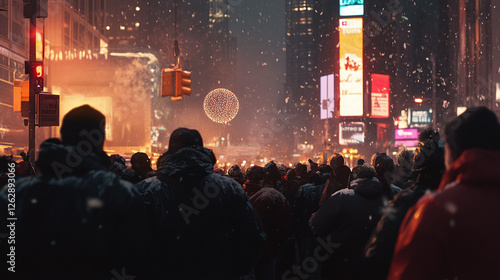 A crowd of people counting down the last seconds of the year in Times Square, as the iconic ball drops photo