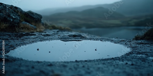 stagnant water in a mountain pond at Glenridding, the sky beginning to clear as the last droplets from the rain settle on the pond's surface photo