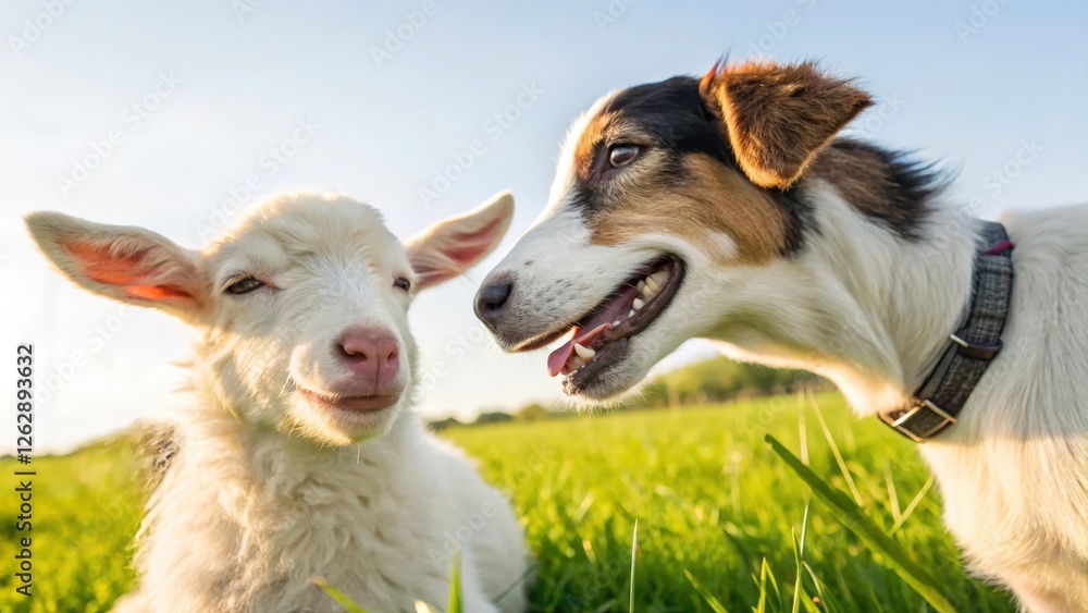 Fototapeta premium Unlikely Friends: Goat Kid and Puppy in a Green Field