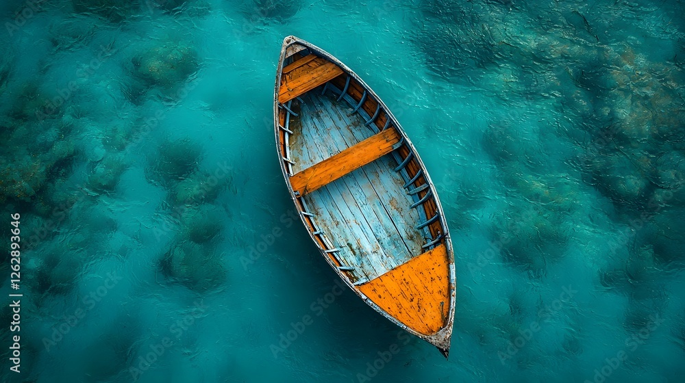 Obraz premium Aerial Top Down View of a Single Fishing Boat Anchored in Crystal Clear Blue Ocean with Soft Shadows Peaceful and Tranquil Mood and Detailed Textures Perfect for Copy Space