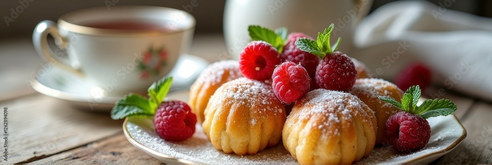 Delicious pastries with raspberries and mint on plate with tea on wooden table Delicious pastries with raspberries and mint on plate with tea on wooden table