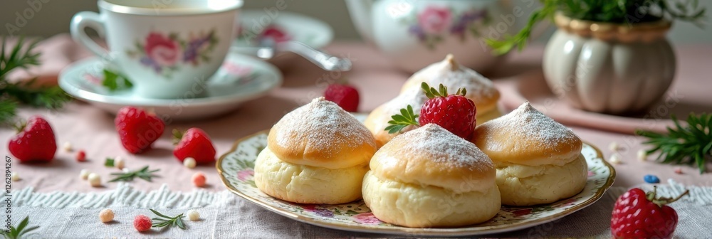 Delicious cream puffs with powdered sugar and fresh raspberries on floral plate Delicious cream puffs with powdered sugar and fresh raspberries on floral plate