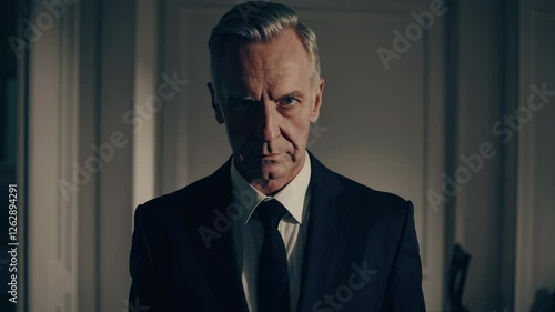 Dramatic video still of a stern man in a suit, captured from a low angle. The dim lighting and shadows create a tense, mysterious atmosphere.