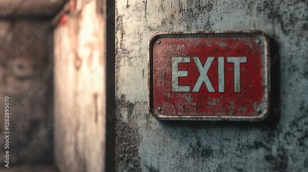 weathered fire exit door in an old building, its faded weathered fire exit door in an old building, its faded