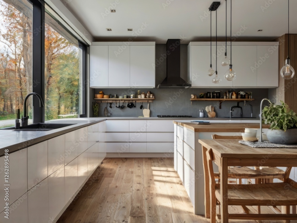 Modern Kitchen With Island And Large Window View Modern Kitchen With Island And Large Window View