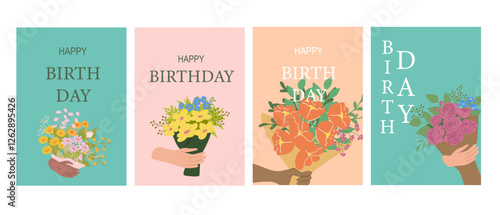 Colorful birthday cards with diverse hands holding flower bouquets.