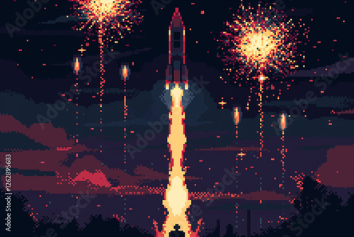Rocket launching at night with fireworks exploding in pixel art style