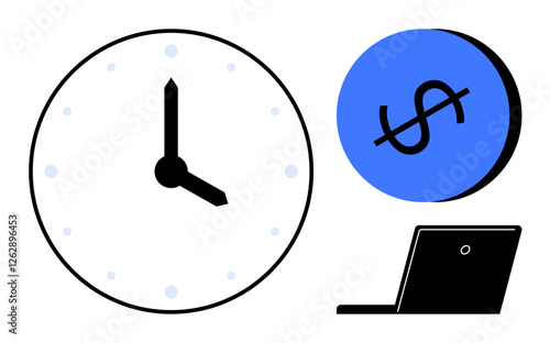 Clock face, dollar sign in blue circle, laptop. Concept of managing work hours, financial planning, efficiency, business productivity, time value of money and remote work. Ideal for business