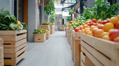 Fresh Organic Produce Displayed in Wooden Crates at a Market with Bright Vegetables and Fruits in Urban Setting
