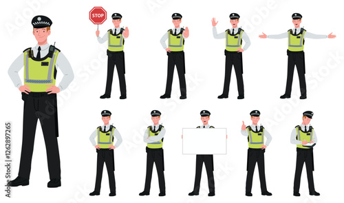 Male UK Police Officer Cartoon Vector Illustration Poses. Young White Police Man Cop In Uniform. Standing, Holding Signboard, Stop Sign, Ticket, Visibility Vest, White Isolated