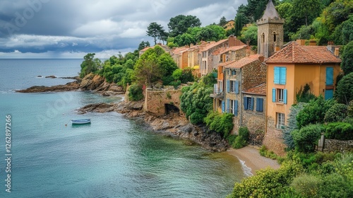 seaside village in France, where traditional architecture meets the ocean edge,