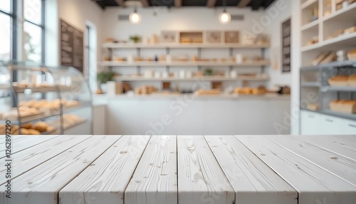 wooden table top with blur background of bakery shop. Generative ai