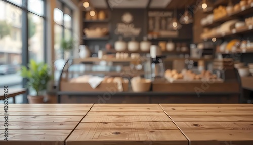 wooden table top with blur background of bakery shop. Generative ai