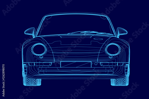 A blue car outline. The car is shown in a stylized way, with the front end of the car being the main focus. Concept of sleekness and modernity. Front view