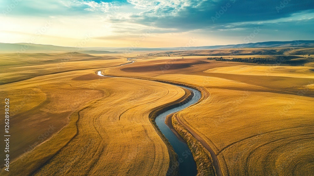 Naklejka premium Golden fields stretch endlessly as a river weaves through the landscape under a serene sky. Generative AI