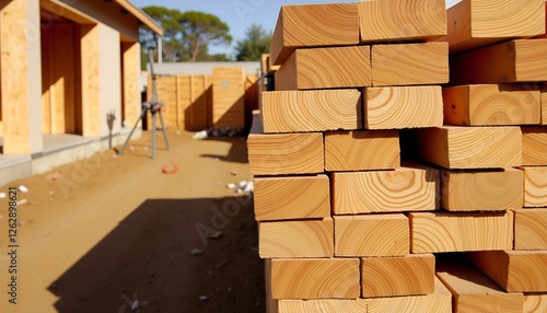 Freshly cut wooden planks stacked at construction site, warm sunlight. photo