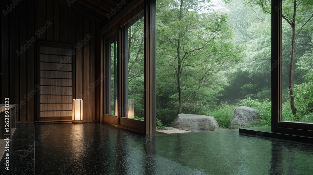 Obraz premium Japanese Onsen Interior Rain Forest View