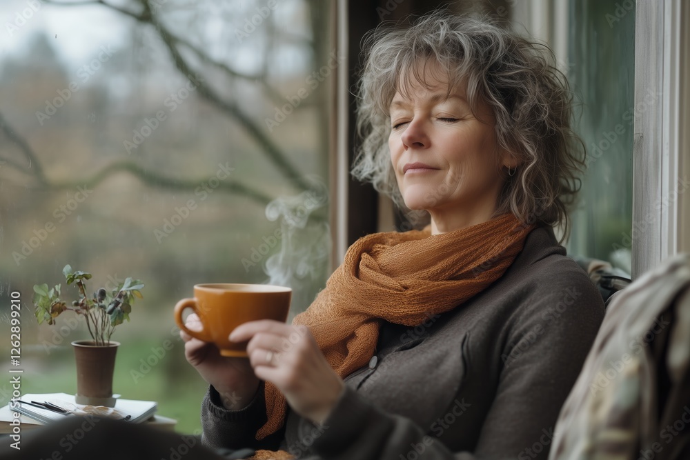 Serene moment of a woman enjoying a hot drink while relaxing indoors, capturing a sense of tranquility and warmth. Serene moment of a woman enjoying a hot drink while relaxing indoors, capturing a sense of tranquility and warmth.