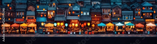 A bustling and vibrant Asian street market scene at night filled with colorful lanterns neon lit stalls and a lively atmosphere of commerce culture and community